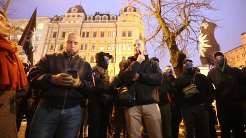 Protest outside German embassy in Kiev against Russian Nord Stream 2 gas pipelin Video stock 204086193