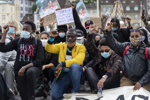 Protest over George Floyd death in, Basel, Switzerland - 06 Jun 2020 Fotos Stock