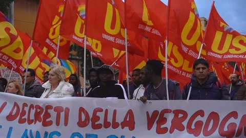 Protest, people, Banners, flags at protest for "Security Decree".Rome,19/10/2019 Stock Footage 119974863