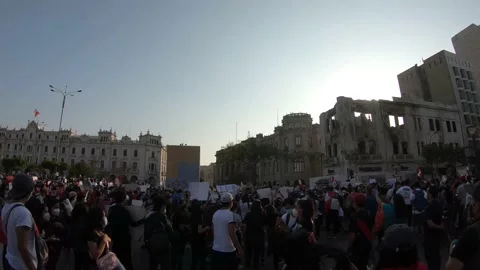 Protest in Peru for coup in 2020 amid the global covid-19 pandemic Stock Footage 147968288