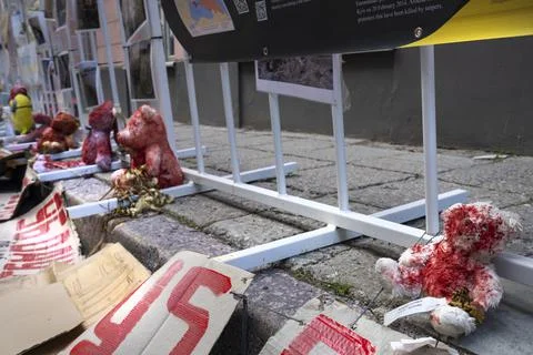 Protest placards in front of the Russian Embassy in Tallinn, Estonia Stock Photos