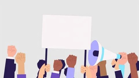 Protest, revolution. Crowd, raised hands, hold megaphone and placard. march Stock Footage 164970747