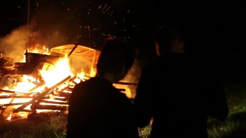 Protest, Riot, Demonstration In The City, Fire. People Break The Car. Sabotage Stock Footage 82171295