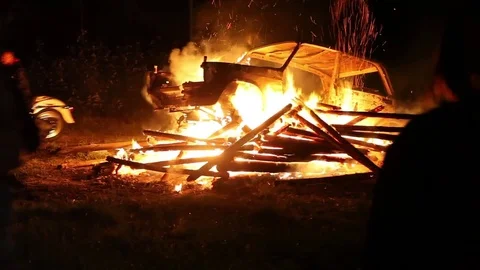 Protest, Riot, Demonstration In The City, Fire. People Break The Car. Sabotage Stock Footage 82171339
