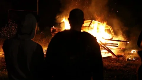 Protest, Riot, Demonstration In The City, Fire. People Break The Car. Sabotage Stock Footage 82171937