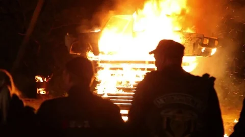Protest, Riot, Demonstration In The City, Fire. People Break The Car. Sabotage Stock Footage 82171961