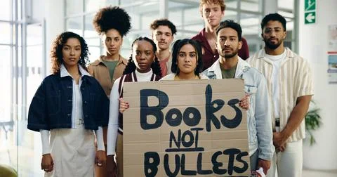 Protest, sign and support with portrait of students for school shooting 库存照片