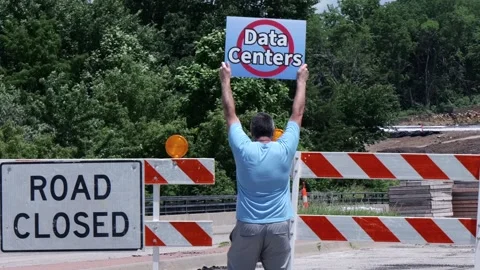 Protest Sign Opposing AI Data Center Construction Stock Footage 336870428