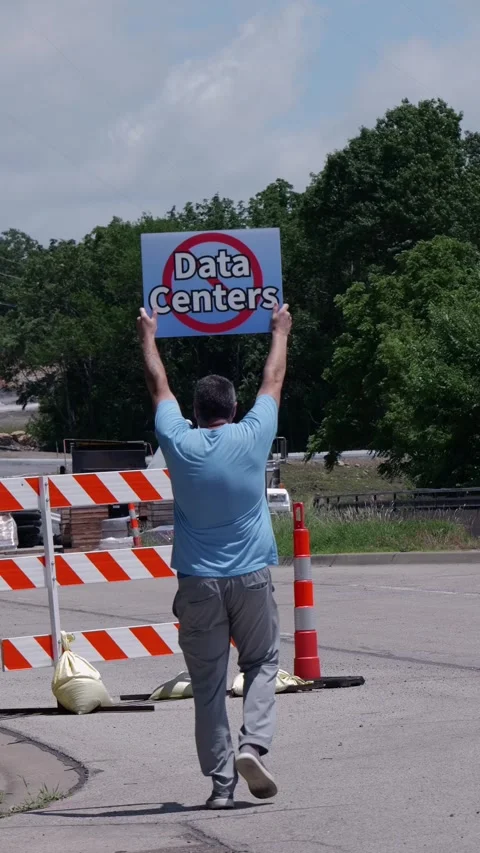 Protest Sign Opposing AI Data Center Construction Stock Footage 336870454