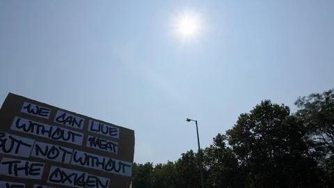 Protest sign, we can live without meat but not without oxygen. 스톡 동영상 116248010