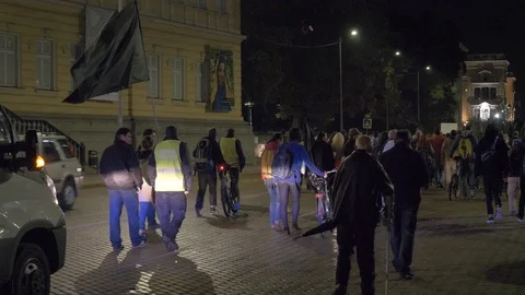Protest In Sofia, Bulgaria, Big Crowd And Police Car, With Sound Video stock 127168236