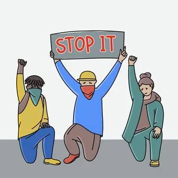 Protest Stop it. Man is on his knee. Three people Stock Illustration