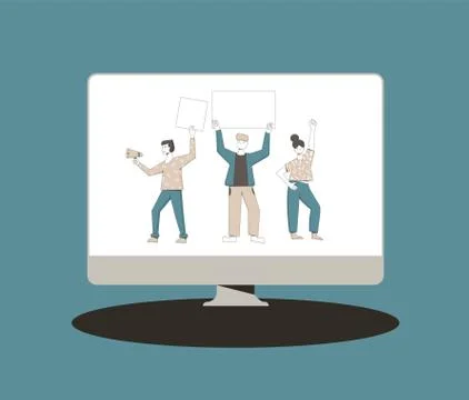 Protest streaming on computer o TV screen. News about people holding placards Stock Illustration