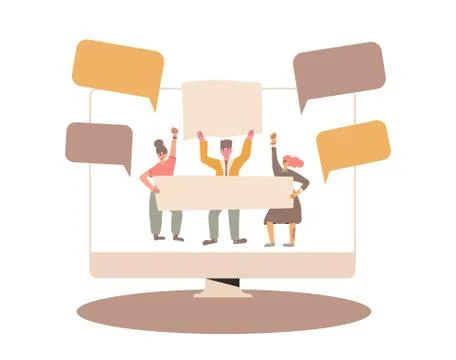 Protest streaming on computer o TV screen. News about people holding placards Stock Illustration