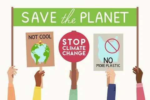 Protest strike against climate change and global warming. Set of human hands  Stock Illustration