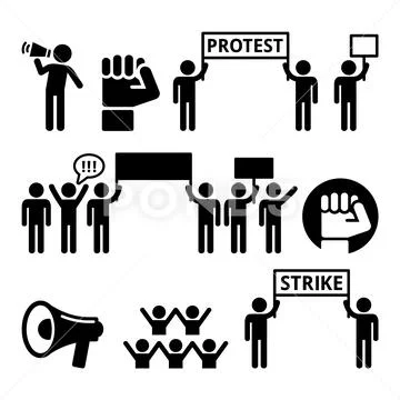 Protest, strike, people demonstrating or fighting for their rights icons set Stock Illustration