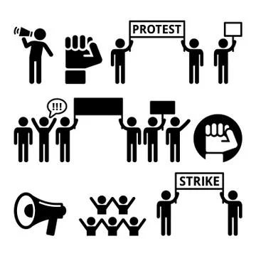 Protest, strike, people demonstrating or fighting for their rights icons set Stock Illustration