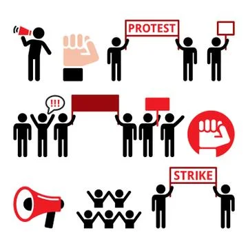 Protest, strike, people demonstrating or fighting for their rights icons set Stock Illustration