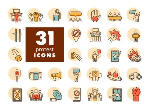 Protest, strike, revolution set vector icons Stock Illustration
