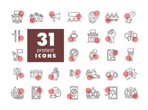 Protest, strike, revolution set vector icons Stock Illustration