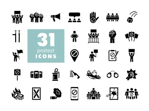 Protest, strike, revolution set vector glyph icons Stock Illustration