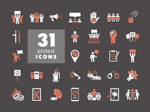 Protest, strike, revolution set vector glyph icons Stock Illustration