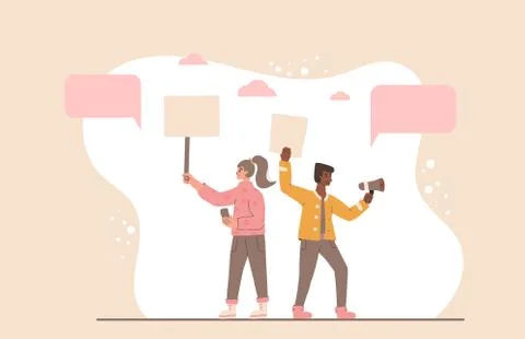 Protest. Two friends holding placards. Persons standing together with blanks. Stock Illustration