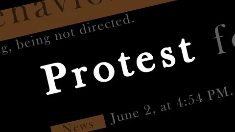 PROTEST Word Highlighted Text Over Many Black News Media Articles Animation Stock Footage 125878502