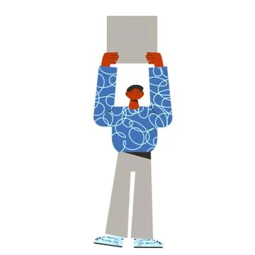 Protest. Young man standing and holding placard isolated on white background. Stock Illustration