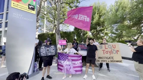 Protester chants explatives against Lou Taylor at Tri Star Free Britney Rally Stock Footage 185662585
