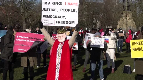 Protester dressed as king wears Putin mask at demonstration Netherlands Stock Footage 149969296