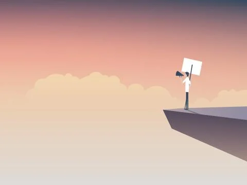 Protester speaking through megaphone or bullhorn and holding a placard, banner Stock Illustration
