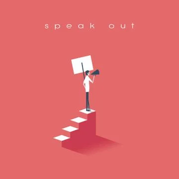 Protester speaking through megaphone or bullhorn and holding a placard, banner Stock Illustration