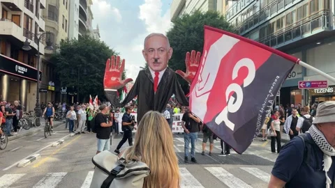 Protesters and Netanyahu effigy at pro Palestine rally in Valencia Stock Footage 336900708