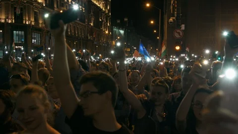 Protesters are Lighting with their Mobile Phones on Demonstration in Hungary Stock Footage 88904451