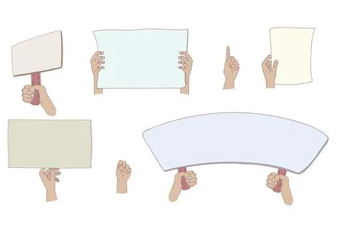 Protesters banners. Concept hands hold different banners. peace protest poste Stock Illustration