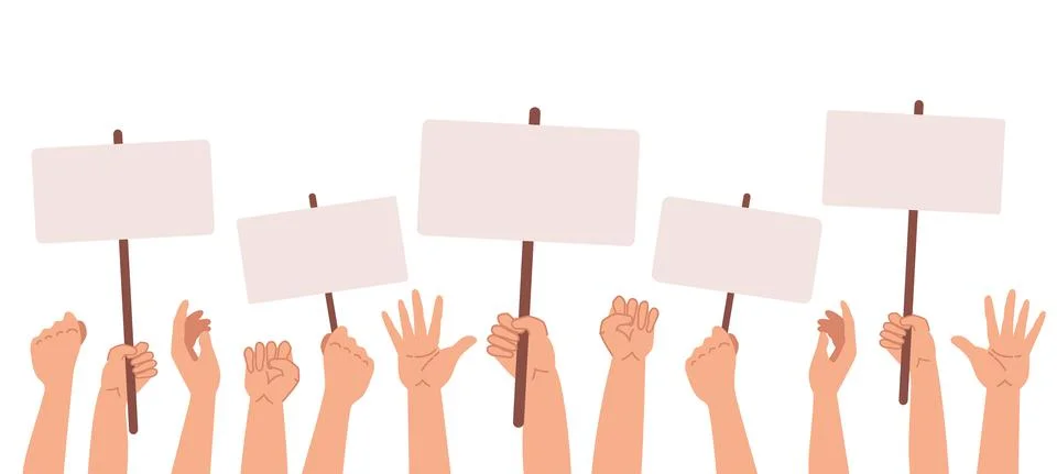 Protesters banners. Vector illustration. Concept of hands hold different banners Stock Illustration