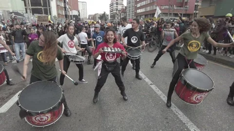 Protesters on a Batucada with drums during the Colombian National Strike protest Stock Footage 153620800