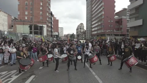 Protesters on a Batucada with drums during the Colombian National Strike protest Stock Footage 153620892