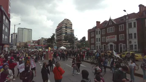 Protesters on a Batucada with drums during the Colombian National Strike protest Stock Footage 153620996