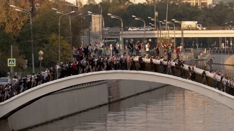 Protesters on the bridge. Stock Footage 117538452