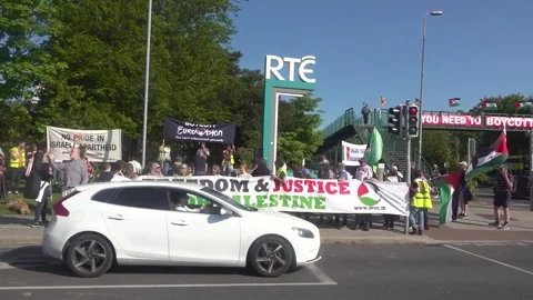 Protesters call for RTE and BBC boycott of Eurovision Stock Footage 308745504