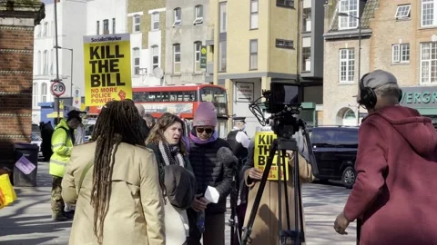 PROTESTERS CHAT TO MEDIA AT 'KILL THE BILL' PROTEST ON EASTER WEEKEND 2021 UK 4K Stock Footage 151542535