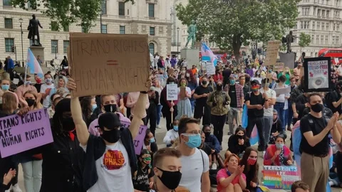 PROTESTERS CHEERING AT TRANS RIGHTS PROTEST LONDON, 4K Stock Footage 134352659