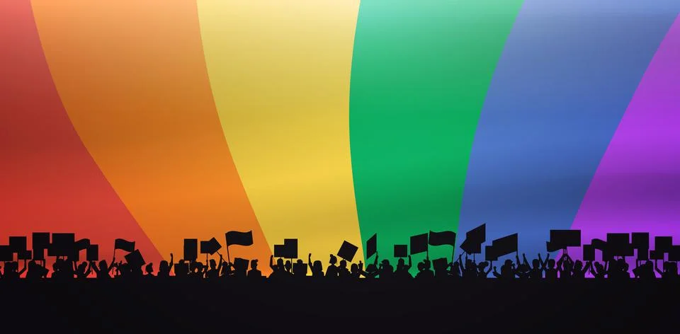 Protesters crowd silhouette holding placards lgbt demonstration rainbow flag Stock Illustration