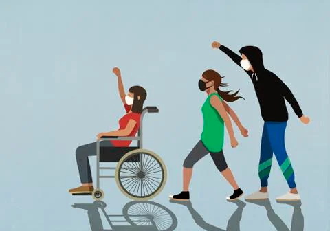 Protesters in face masks gesturing Ilustração Stock