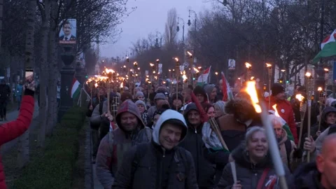 Protesters with fire torches protesting corruption. Hungarian elections Stock Footage 176785377