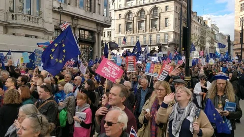 Protesters with flags marching against Brexit deal, London, 4K Stock Footage 118278374