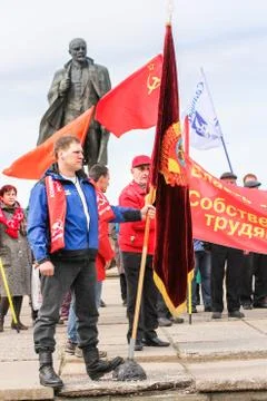 Protesters with flags. Photos