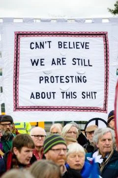 Protesters gather outside the main gate to the AWE, Aldermaston UK Stock Photos